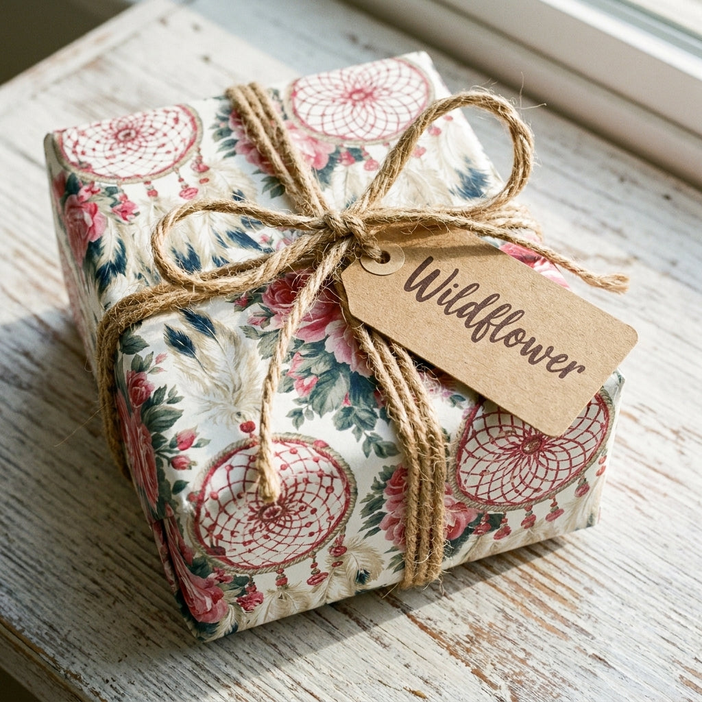 Boho dreamcatcher floral wrapping paper with rustic twine on a gift box by Wrapped Studios.