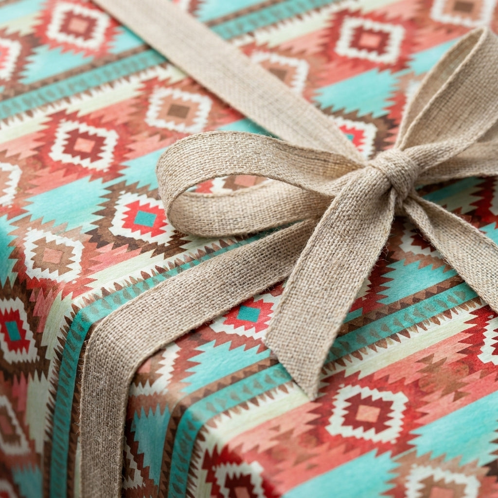 Southwest wrapping paper in teal and terracotta with a rustic burlap bow, by Wrapped Studios.