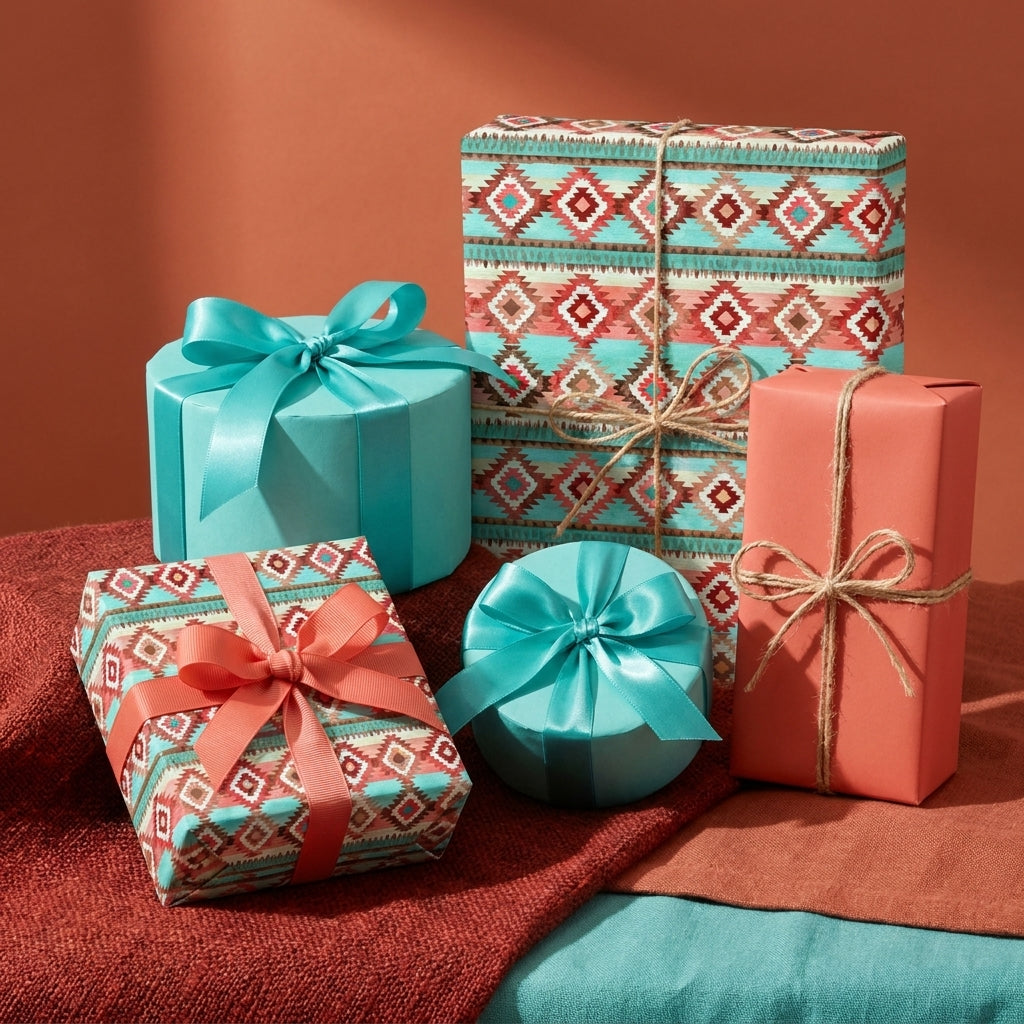 Boho southwestern wrapping paper in turquoise and terracotta orange on gift boxes by Wrapped Studios.
