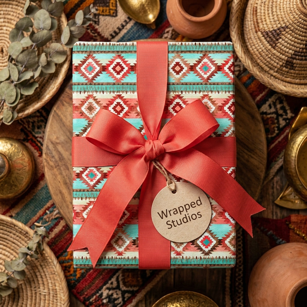Southwestern wrapping paper in turquoise and terracotta with a coral bow by Wrapped Studios.