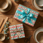 Boho southwestern wrapping paper with turquoise and coral Aztec patterns on rustic gift boxes by Wrapped Studios.