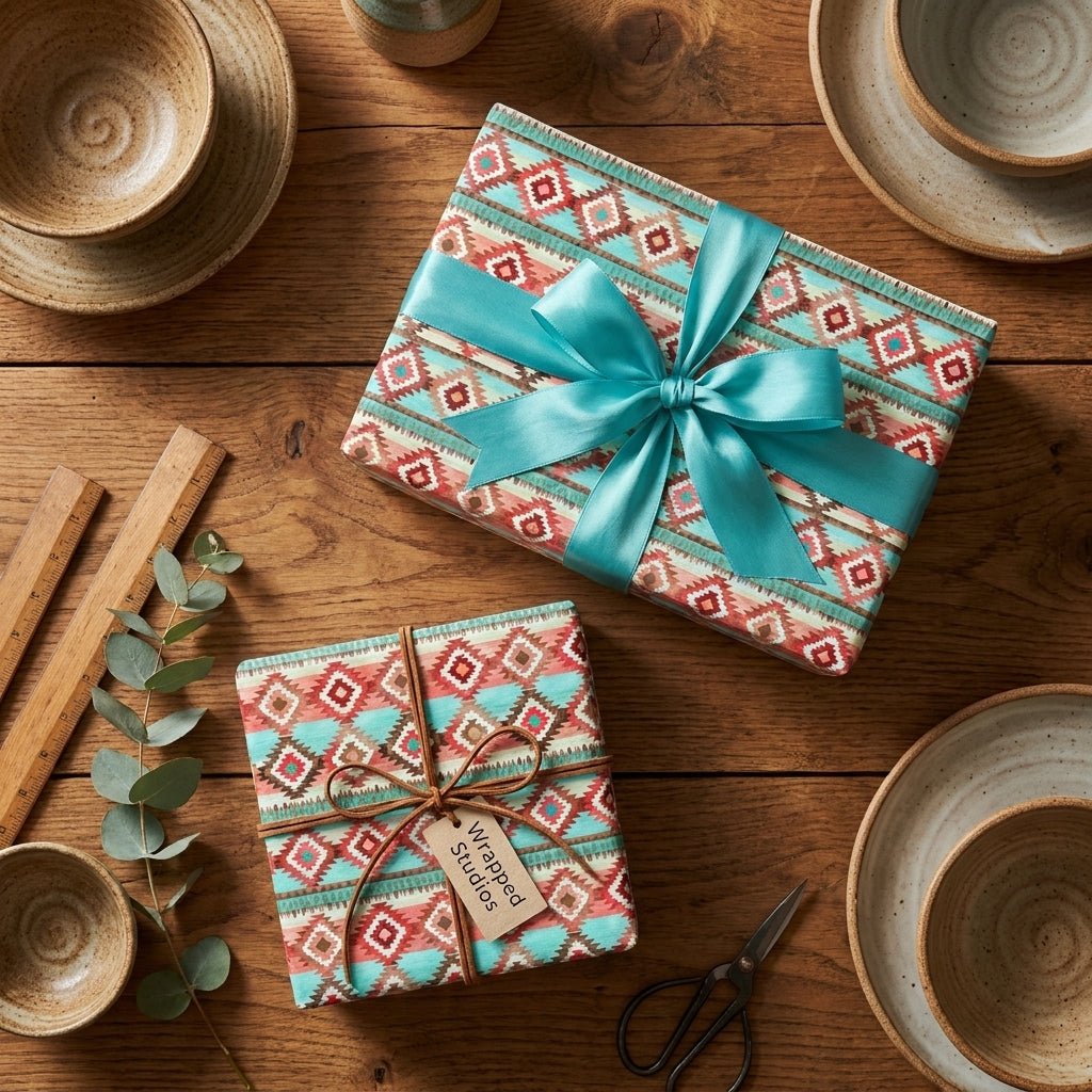 Boho southwestern wrapping paper with turquoise and coral Aztec patterns on rustic gift boxes by Wrapped Studios.