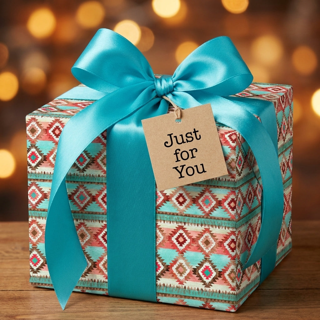 Southwestern bohemian wrapping paper with a teal satin bow and kraft gift tag, by Wrapped Studios.