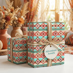 Southwestern tribal wrapping paper by Wrapped Studios on gifts with twine bows and an Adventure Awaits tag.