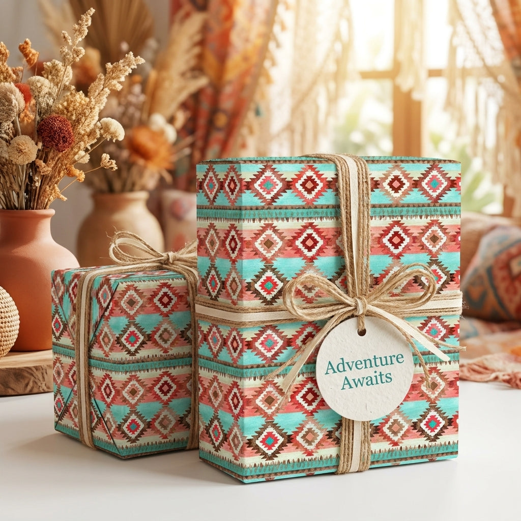 Southwestern tribal wrapping paper by Wrapped Studios on gifts with twine bows and an Adventure Awaits tag.