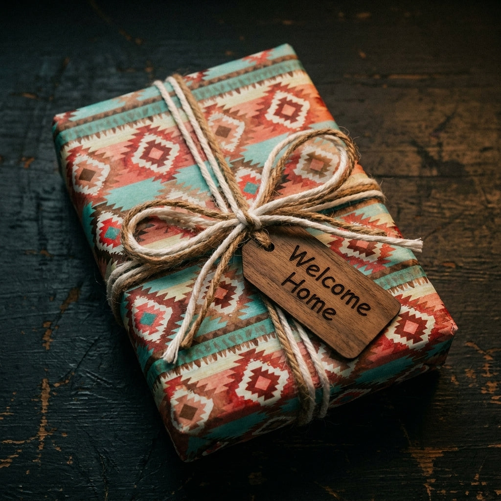 Teal and rust southwestern wrapping paper with twine and Welcome Home tag by Wrapped Studios.