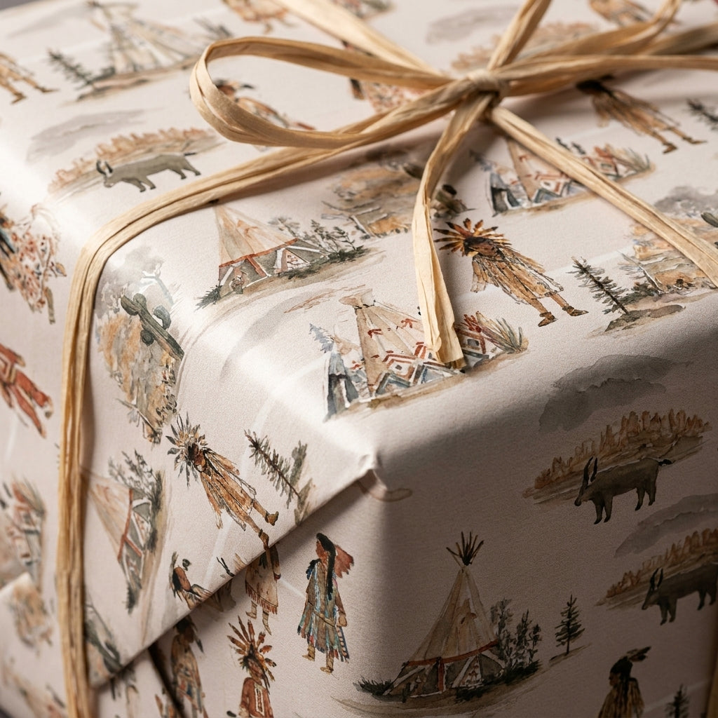 Rustic Native American watercolor wrapping paper with teepees and raffia bow by Wrapped Studios.