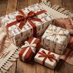 Rustic boho wrapping paper with western illustrations and velvet bows by Wrapped Studios.