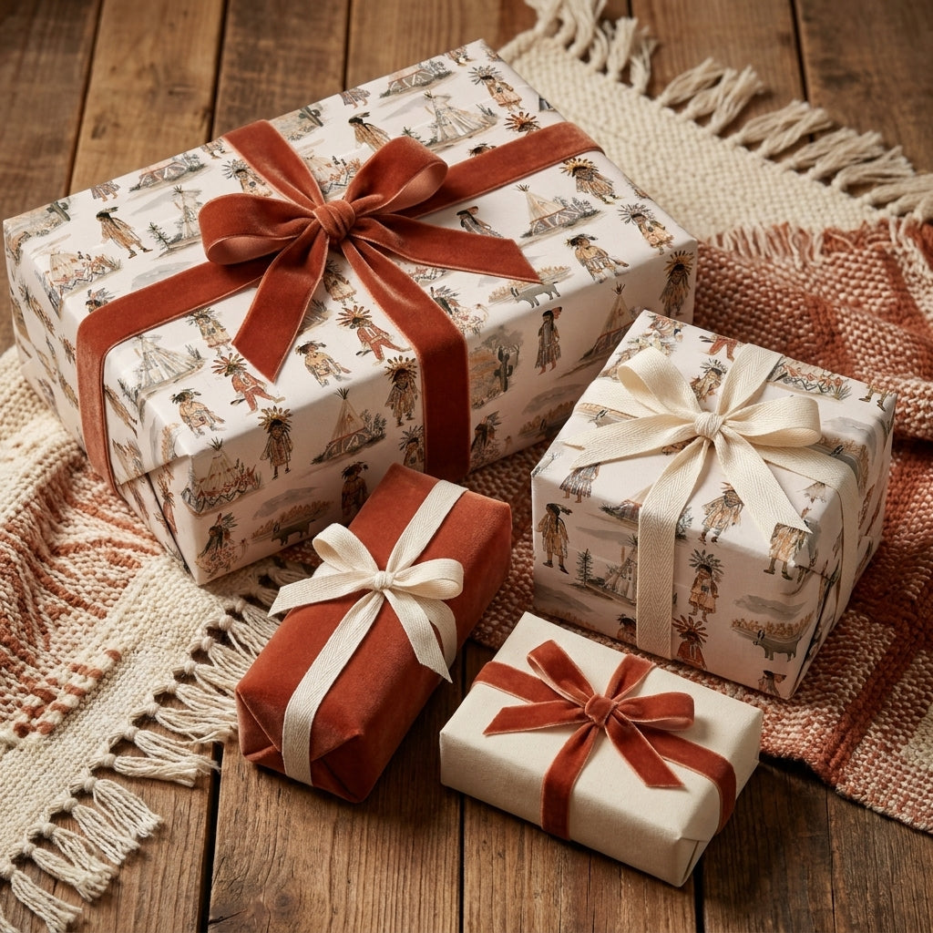 Rustic boho wrapping paper with western illustrations and velvet bows by Wrapped Studios.