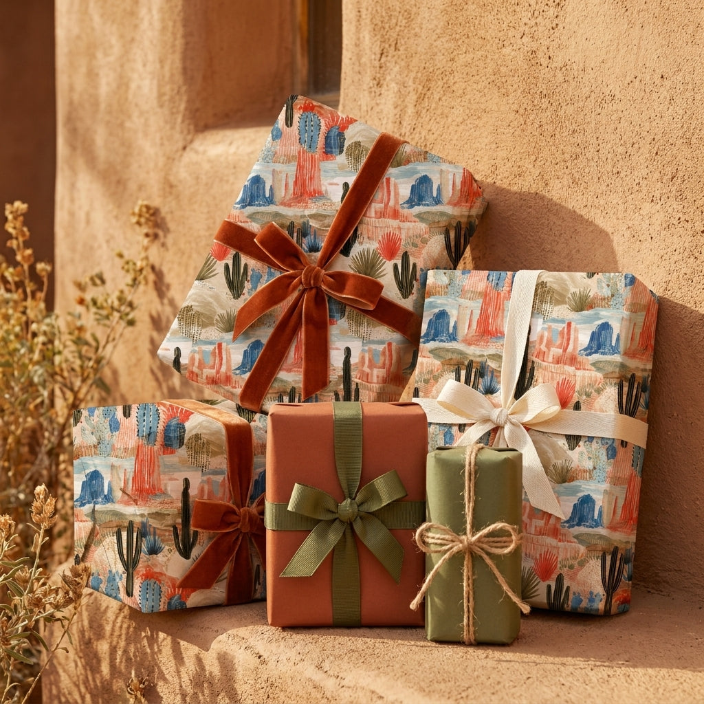 Desert cactus wrapping paper on rustic gifts with velvet ribbons by Wrapped Studios.
