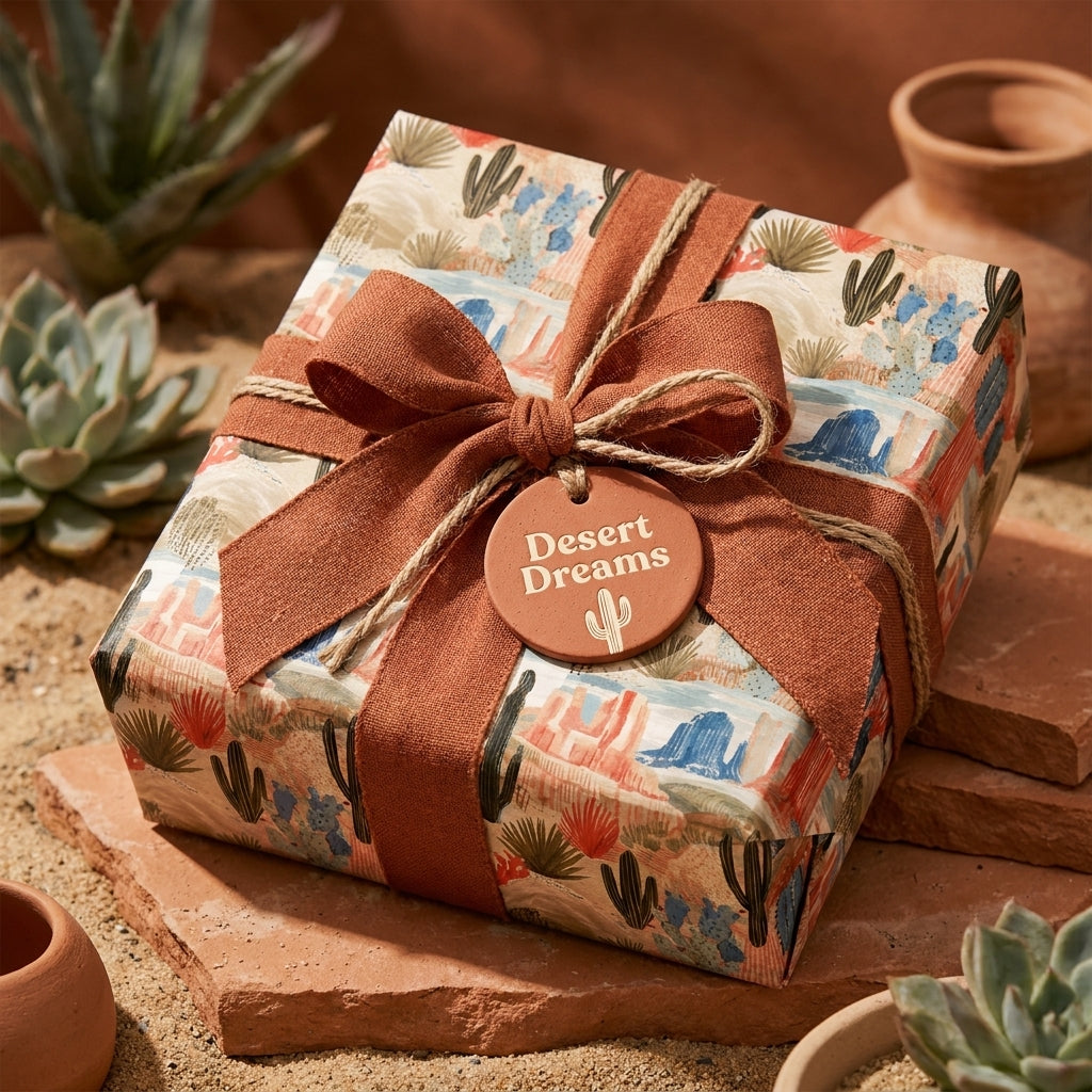 Southwestern desert wrapping paper with cactus print and terracotta ribbon by Wrapped Studios.