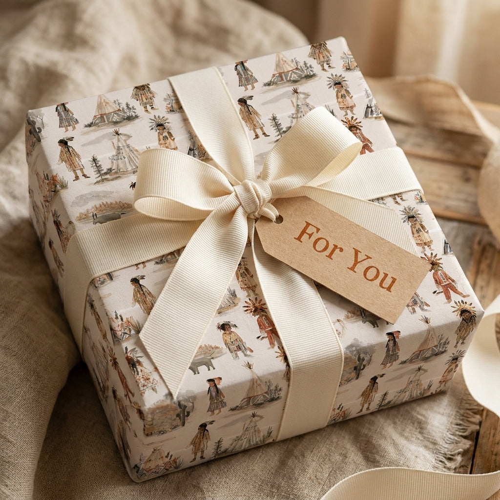 Boho kids birthday wrapping paper with watercolor tepees and cream ribbon by Wrapped Studios.