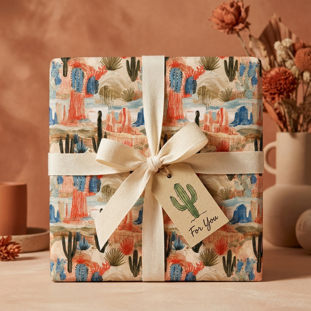 Rustic desert cactus wrapping paper with a cream cotton bow and gift tag by Wrapped Studios.
