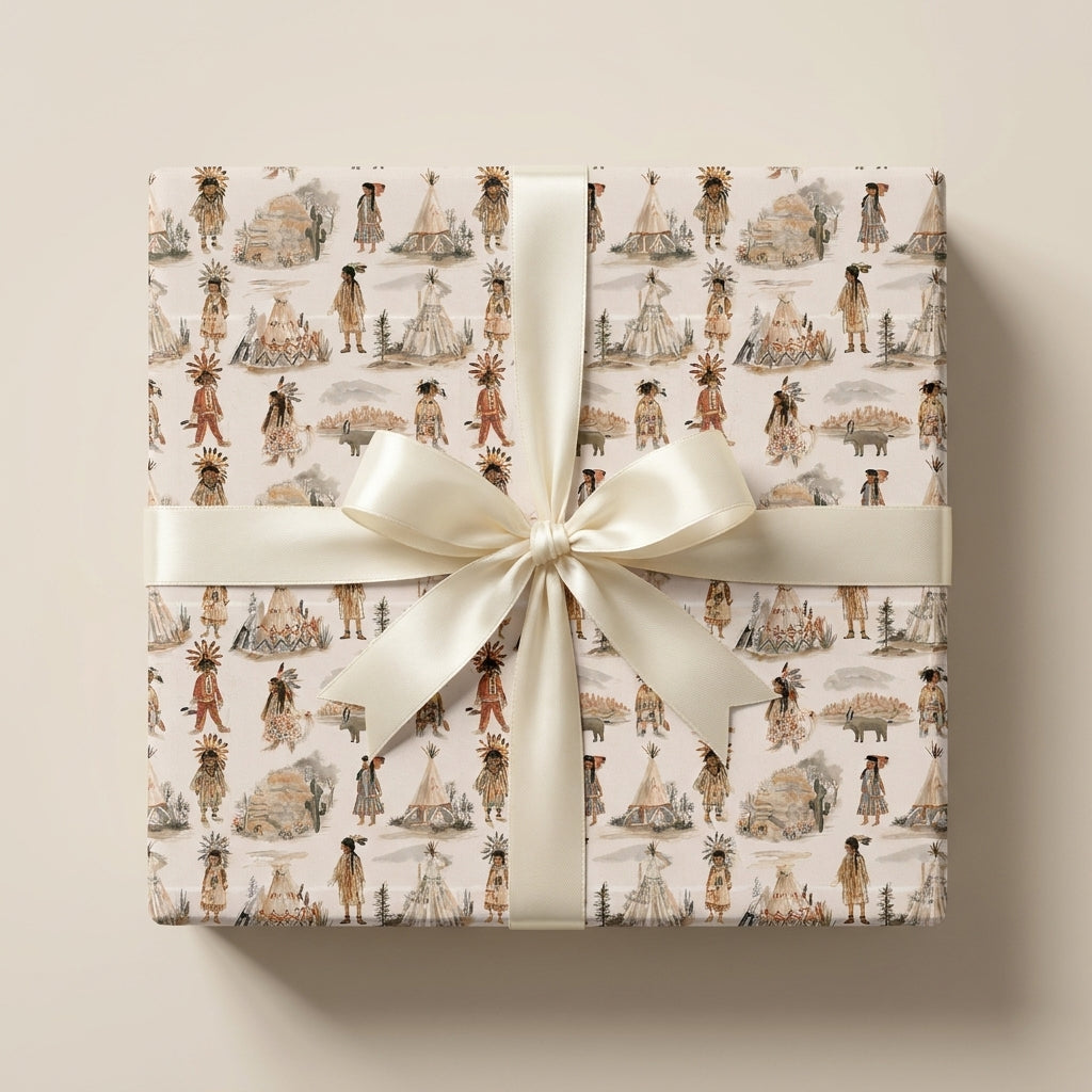 Southwestern wrapping paper with watercolor desert designs and a cream bow by Wrapped Studios.