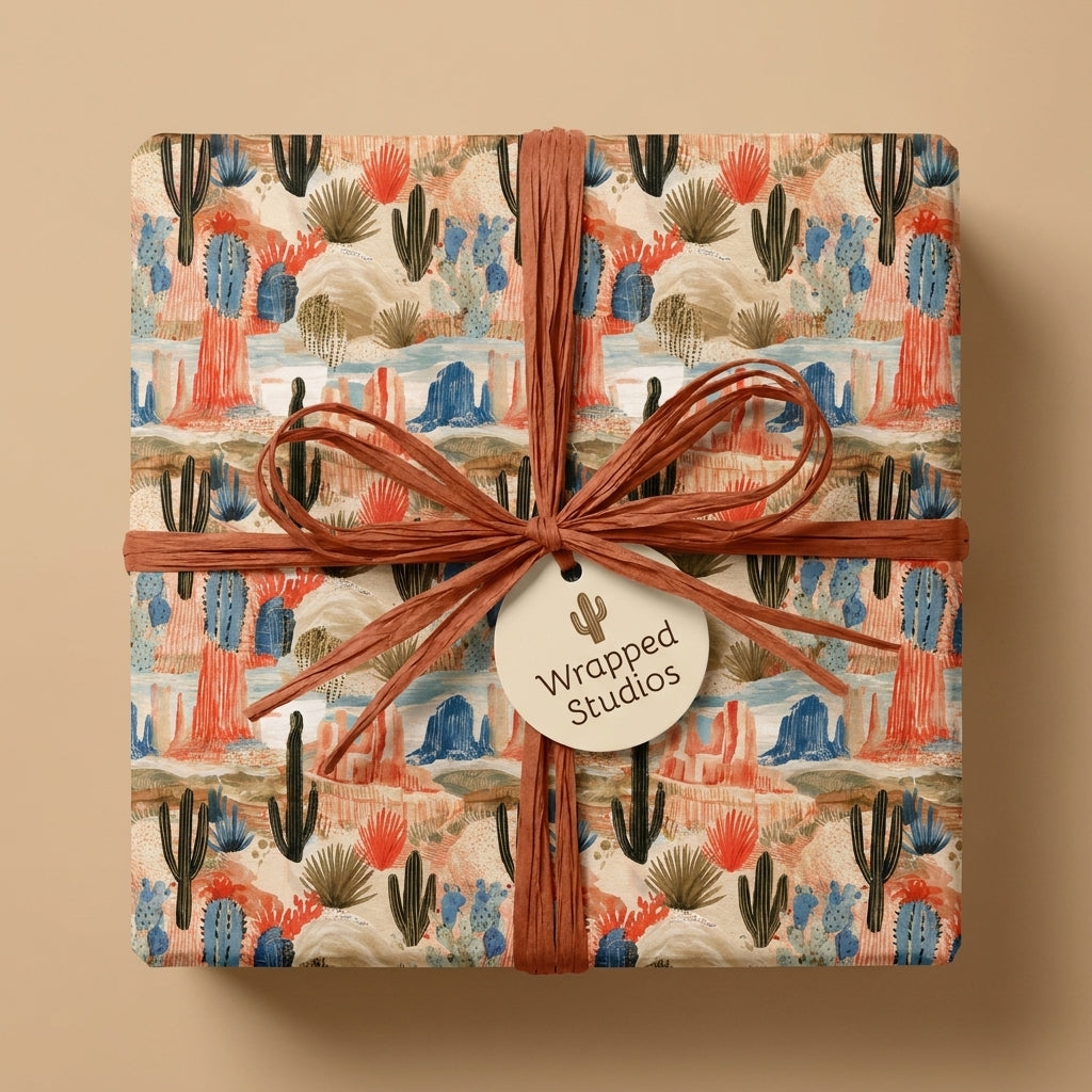 Desert cactus wrapping paper with terracotta raffia ribbon and gift tag by Wrapped Studios.