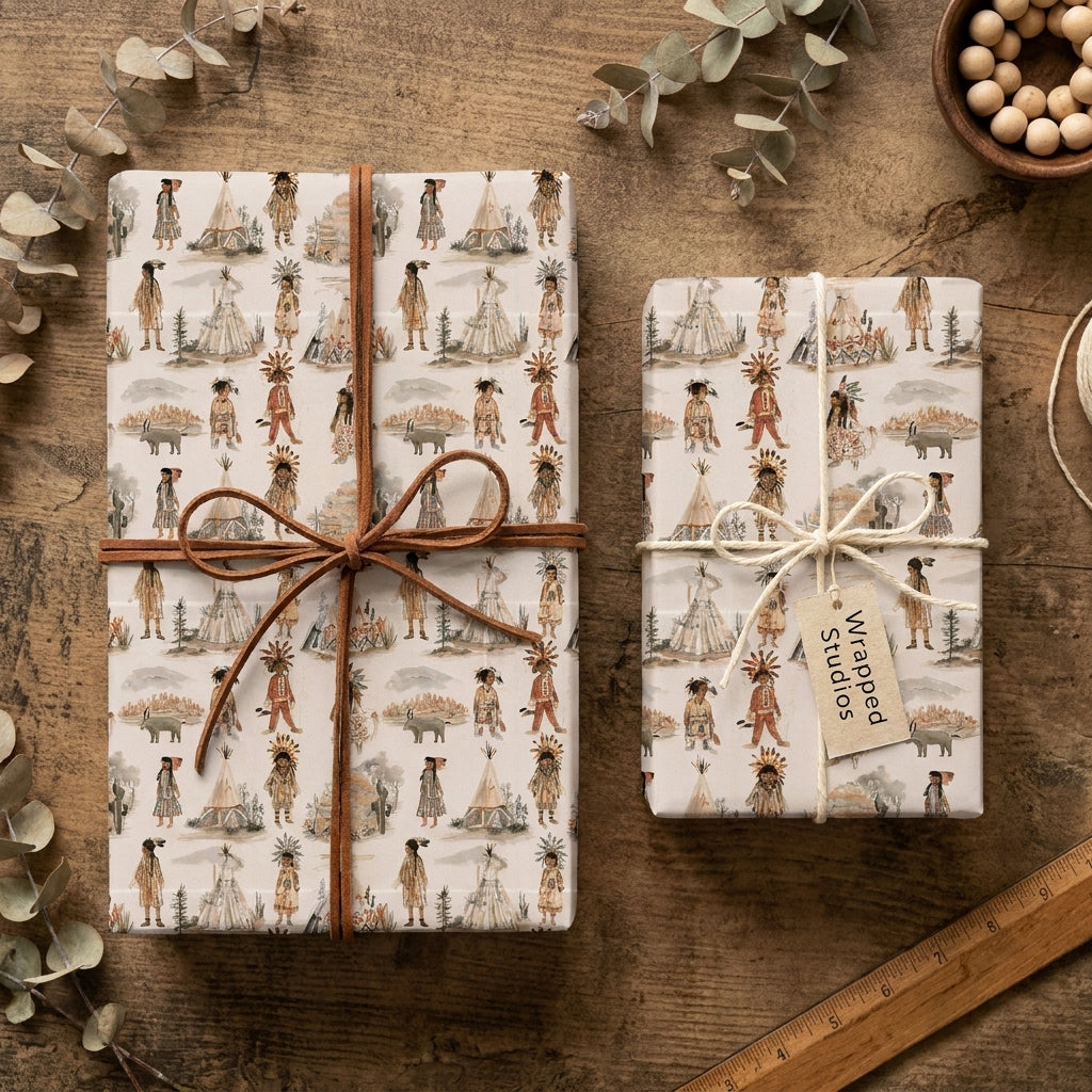 Rustic boho wrapping paper with watercolor tribal illustrations on gifts by Wrapped Studios.