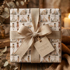 Rustic teepee wrapping paper with a natural linen bow and tag by Wrapped Studios.