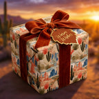 Southwestern desert wrapping paper with rust velvet ribbon and Warm Wishes tag by Wrapped Studios.