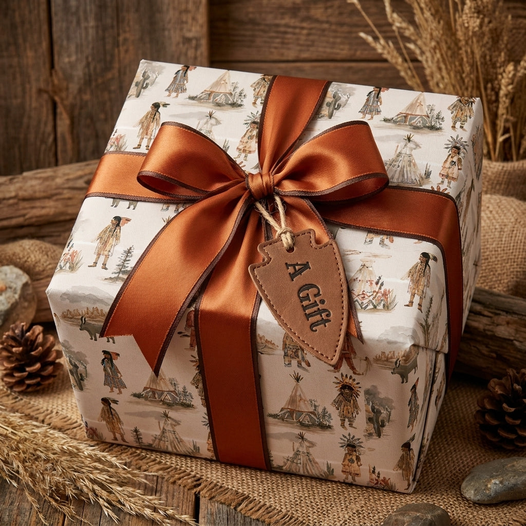 Southwestern boho wrapping paper with tipis and a copper ribbon, rustic gift wrap by Wrapped Studios.