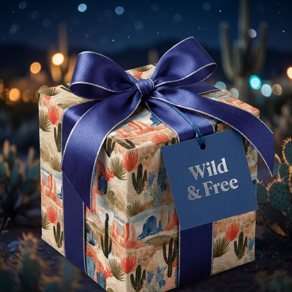 Desert cactus wrapping paper with a navy blue bow and Wild & Free tag by Wrapped Studios.