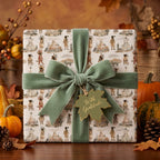 Thanksgiving wrapping paper with native motif, sage green velvet bow, and gratitude gift tag by Wrapped Studios.