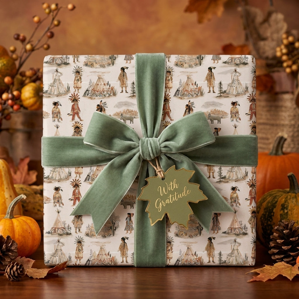 Thanksgiving wrapping paper with native motif, sage green velvet bow, and gratitude gift tag by Wrapped Studios.
