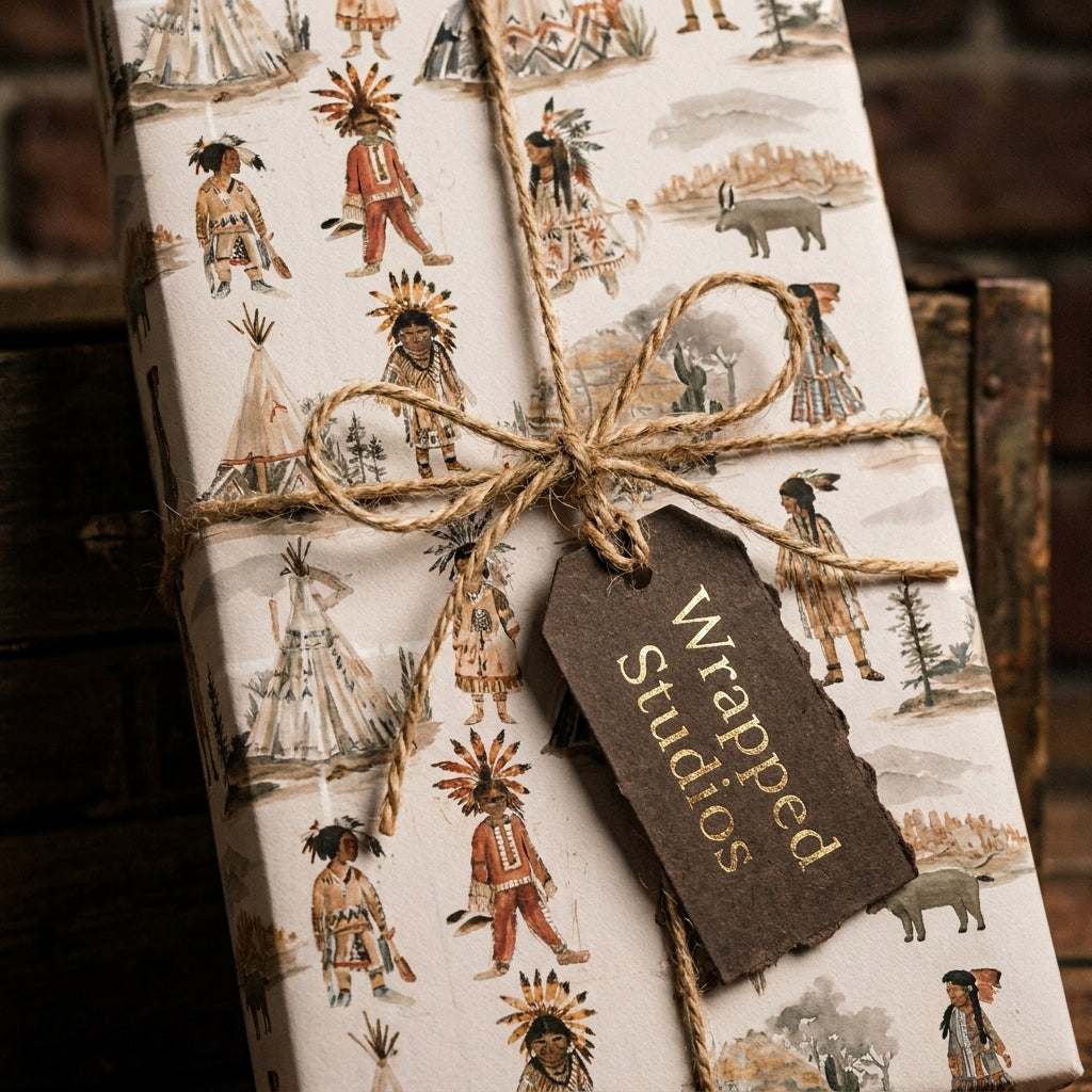 Vintage Western wrapping paper with watercolor Native American illustrations and twine bow, by Wrapped Studios.
