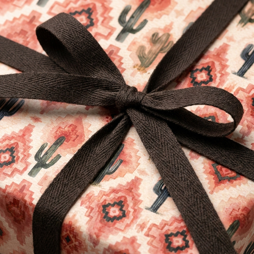Southwest cactus wrapping paper in terracotta and green, tied with a dark brown ribbon by Wrapped Studios.