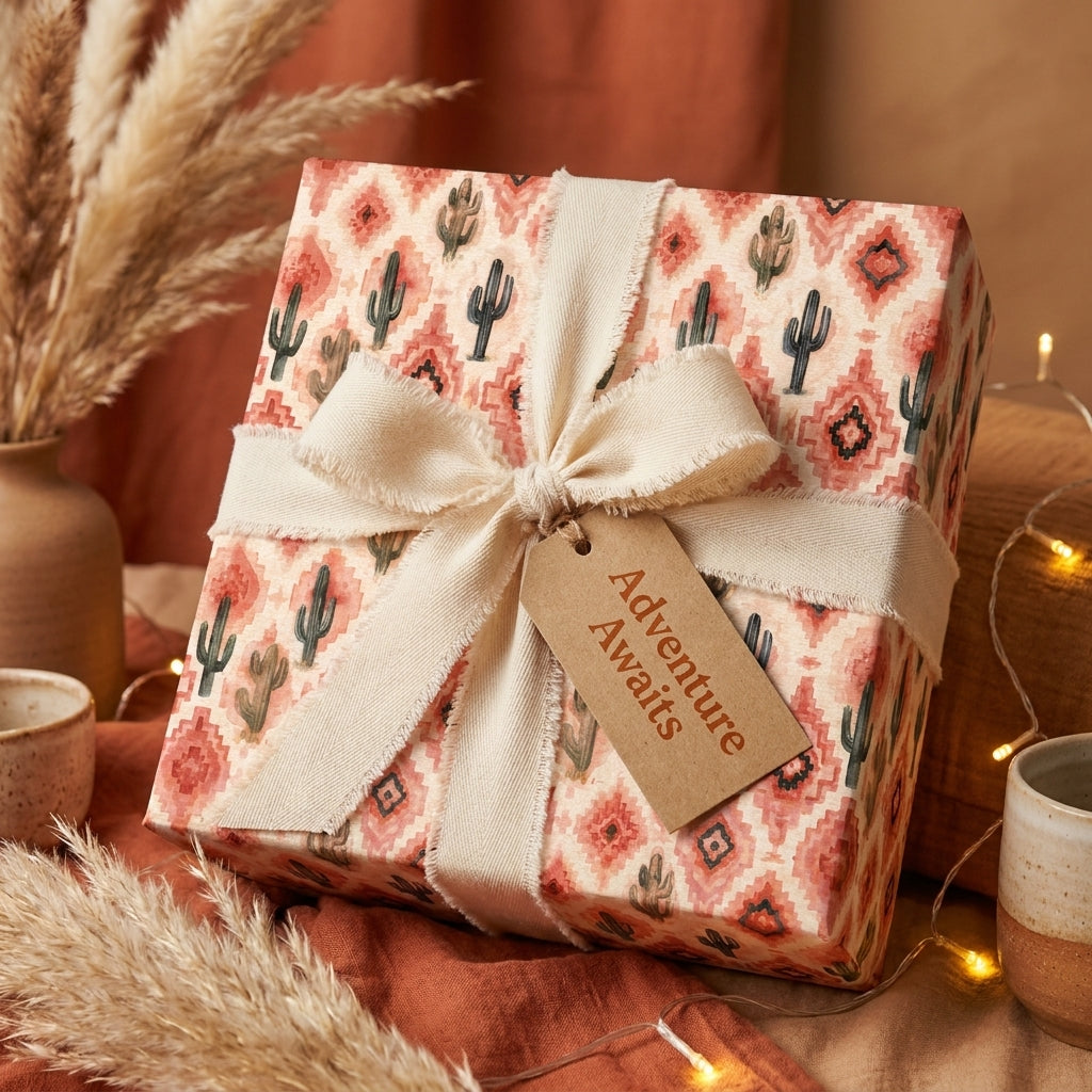 Boho cactus wrapping paper with a cream bow and Adventure Awaits tag by Wrapped Studios.
