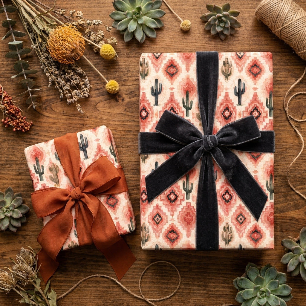 Southwestern cactus wrapping paper with elegant velvet bows on gifts by Wrapped Studios.