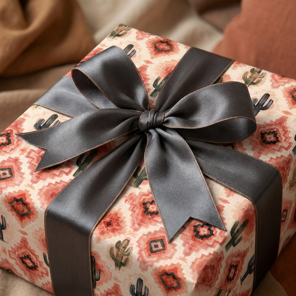 Southwestern cactus wrapping paper on a gift box with a charcoal satin ribbon by Wrapped Studios.