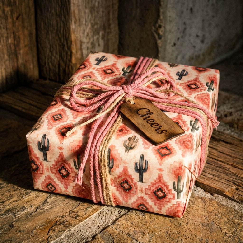 Southwest cactus wrapping paper on a rustic gift box with pink twine and Cheers wooden tag by Wrapped Studios.
