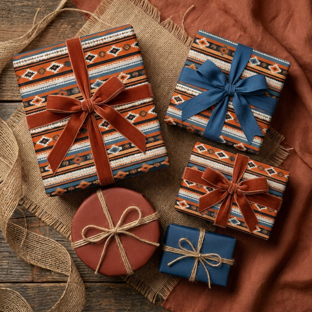 Rustic southwest wrapping paper in terracotta and navy blue with velvet bows by Wrapped Studios.