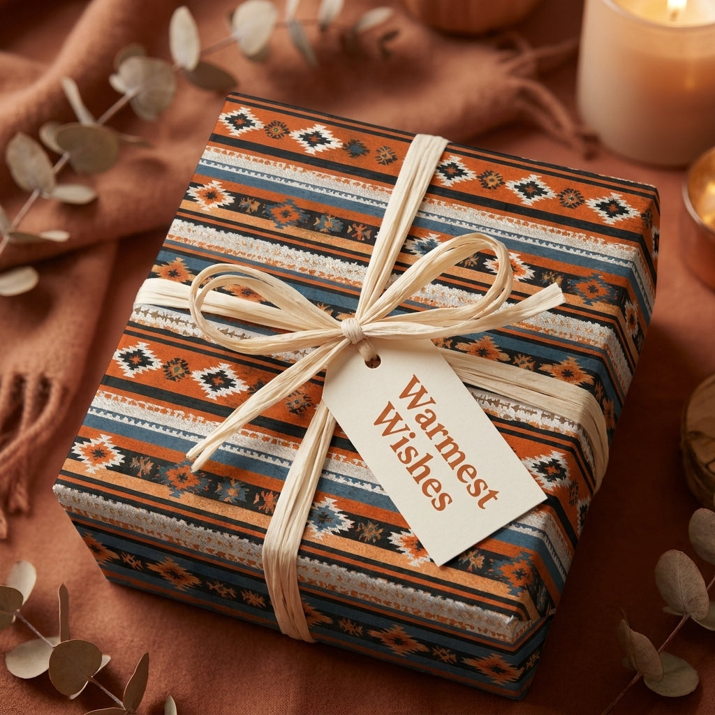 Rustic southwest holiday wrapping paper in terracotta and blue with a raffia bow by Wrapped Studios.