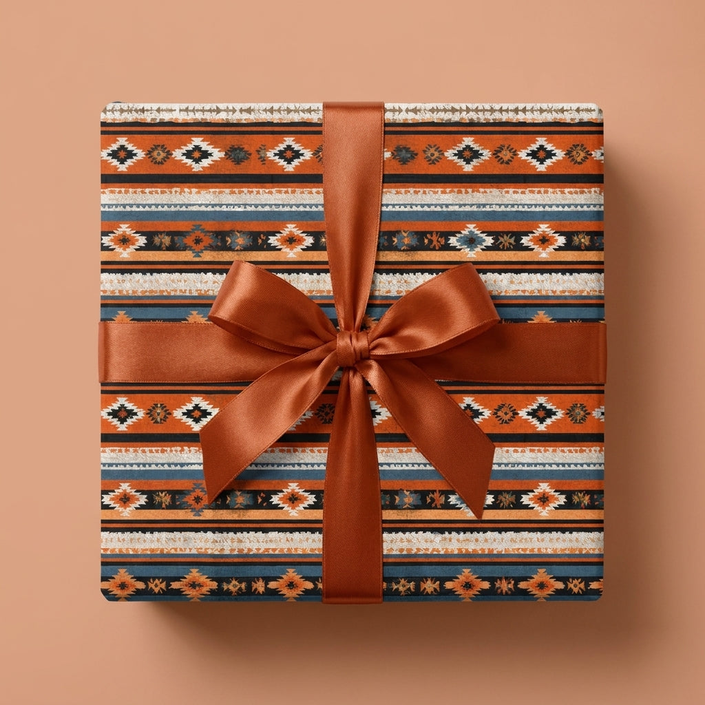 Rustic southwestern wrapping paper featuring a geometric tribal pattern and copper bow by Wrapped Studios.