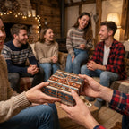 Friends exchange a holiday gift in rustic Southwestern wrapping paper with twine by Wrapped Studios.