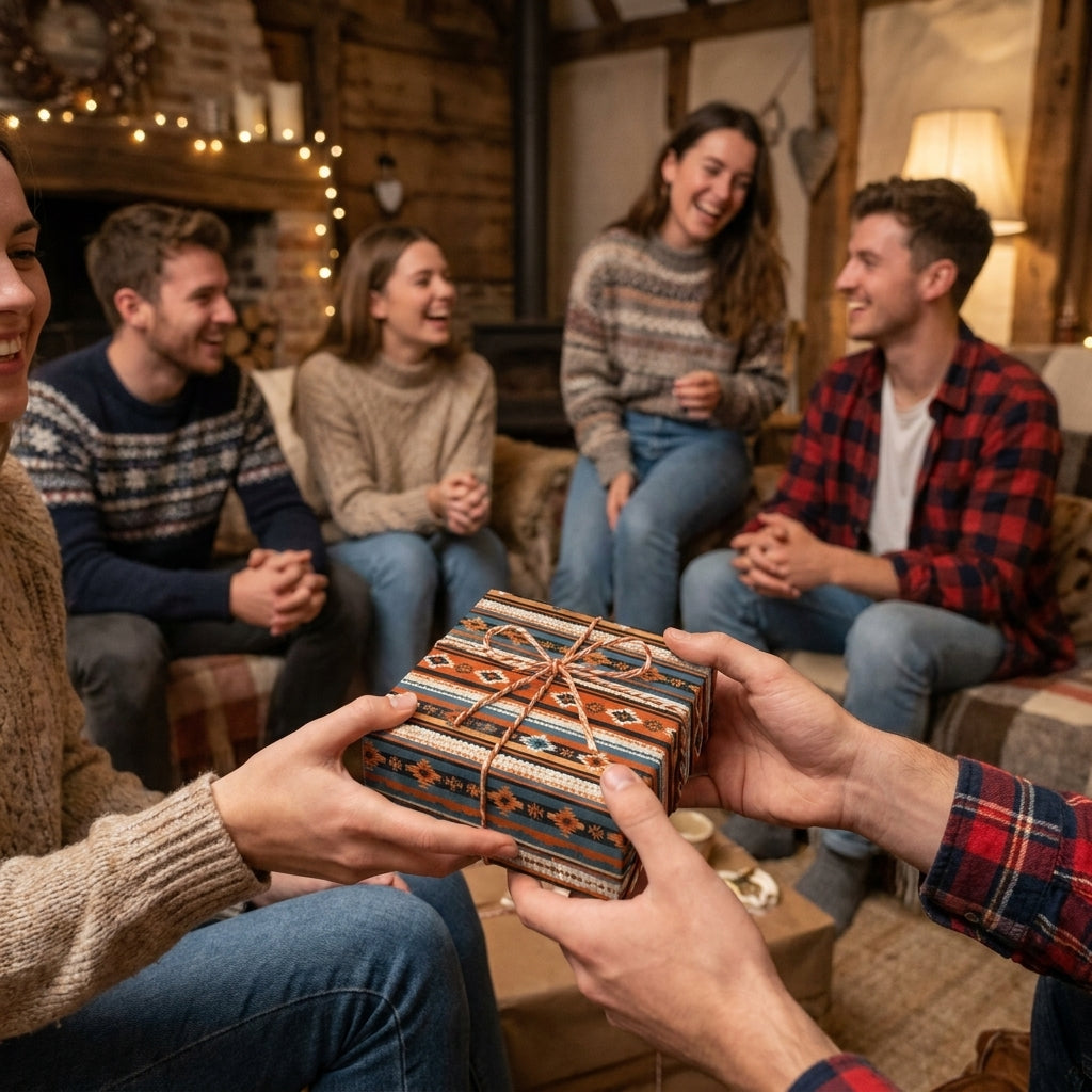 Friends exchange a holiday gift in rustic Southwestern wrapping paper with twine by Wrapped Studios.