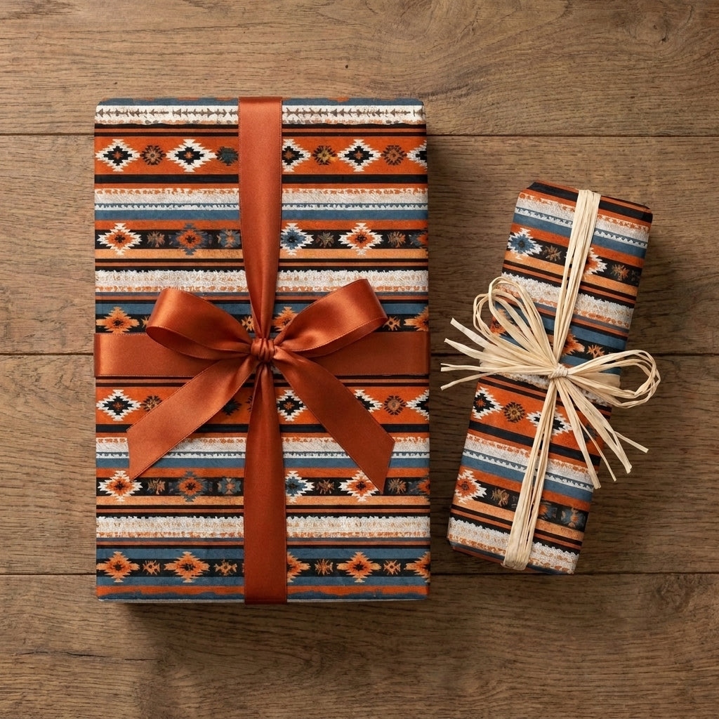 Rustic southwestern wrapping paper in terracotta and blue on gifts with bows by Wrapped Studios.