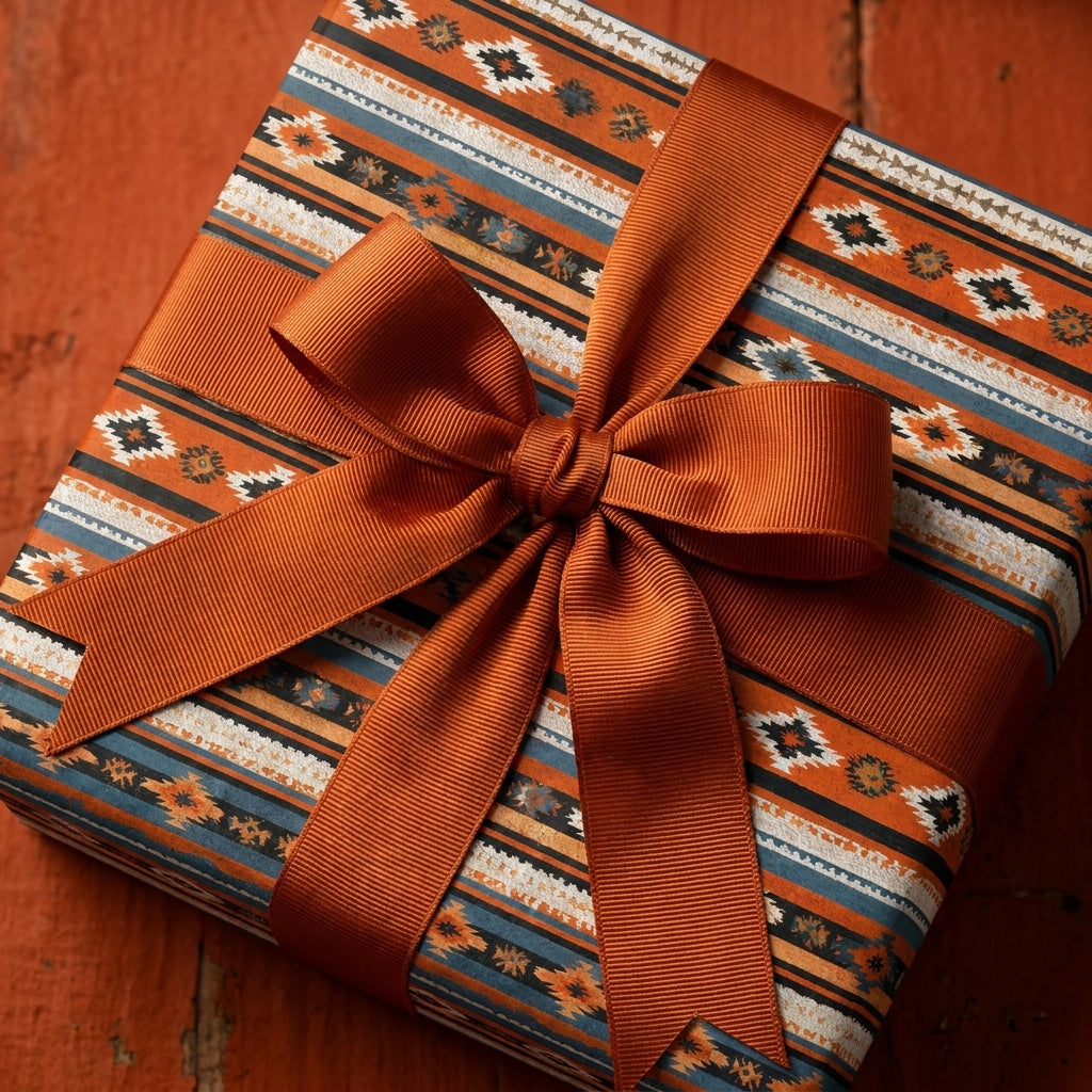 Southwestern wrapping paper with Aztec print and a rust orange ribbon bow by Wrapped Studios.