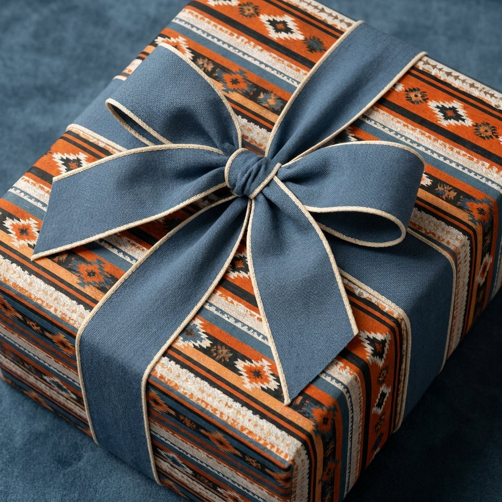 Rustic southwestern wrapping paper in orange and blue with a fabric bow by Wrapped Studios.