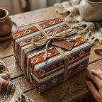 Southwestern wrapping paper in rustic Aztec print with twine bow on a gift box. By Wrapped Studios.