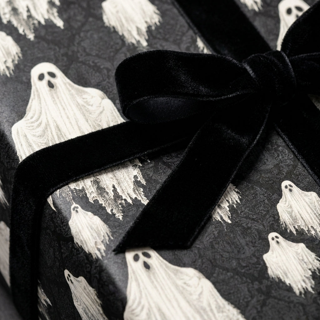 Gothic ghost wrapping paper with a black velvet bow. Spooky Halloween gift wrap by Wrapped Studios.