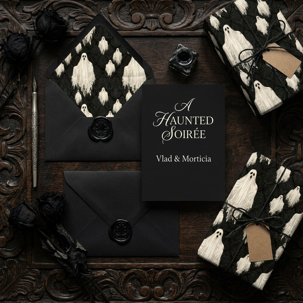 Gothic ghost wrapping paper and elegant black Halloween invitation set by Wrapped Studios.