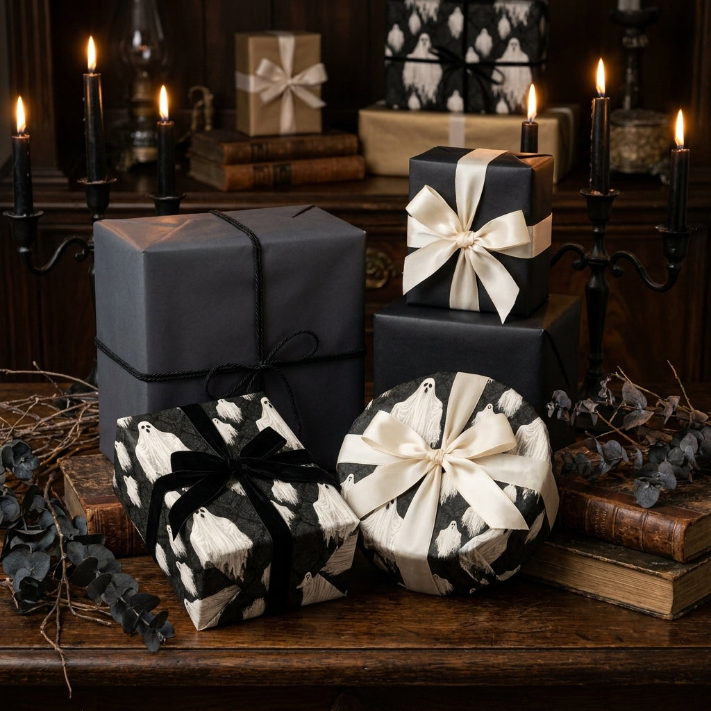 Spooky elegant ghost wrapping paper and luxury Halloween gift wrap by Wrapped Studios.