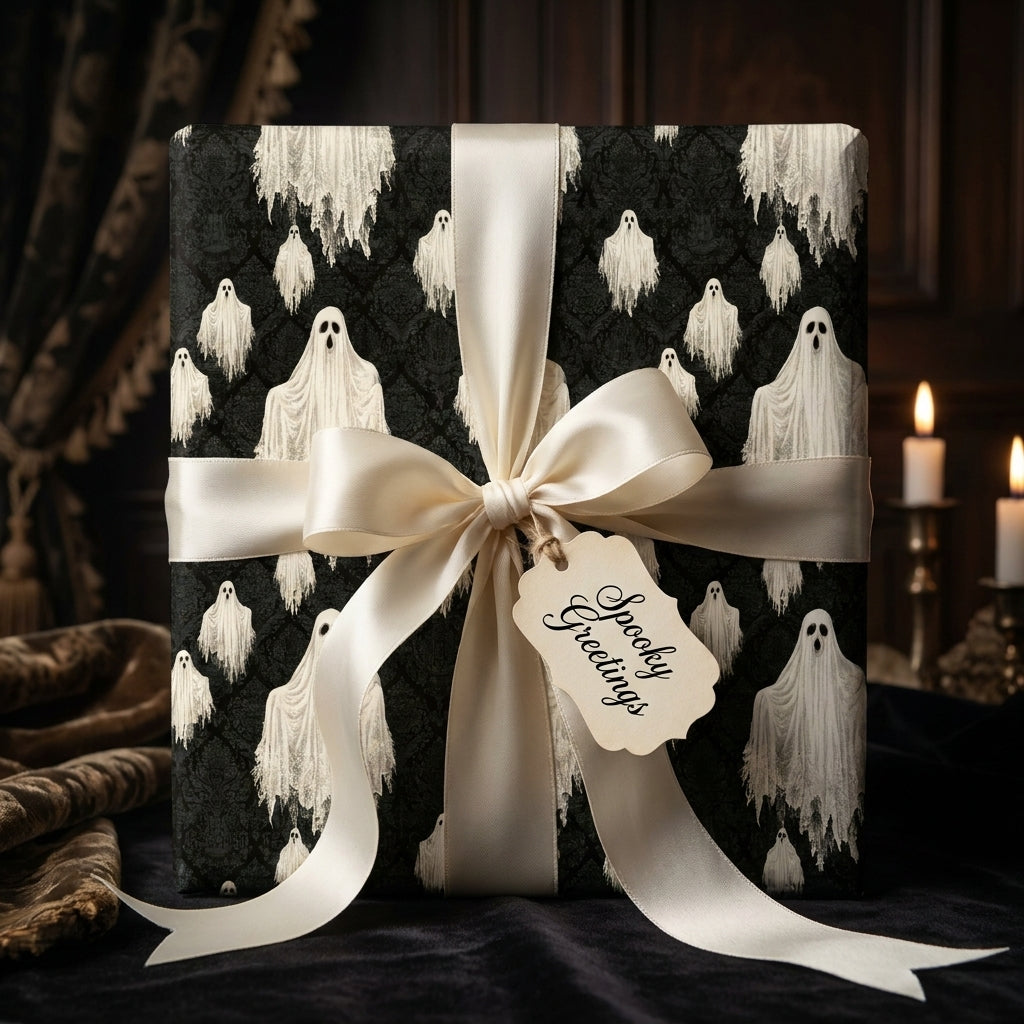 Spooky ghost Halloween wrapping paper with a cream satin bow by Wrapped Studios.