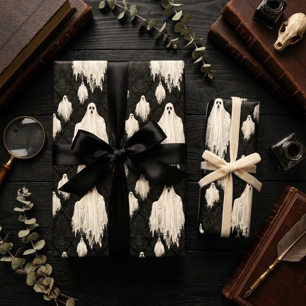Gothic ghost wrapping paper with elegant black ribbon on Halloween gifts by Wrapped Studios.