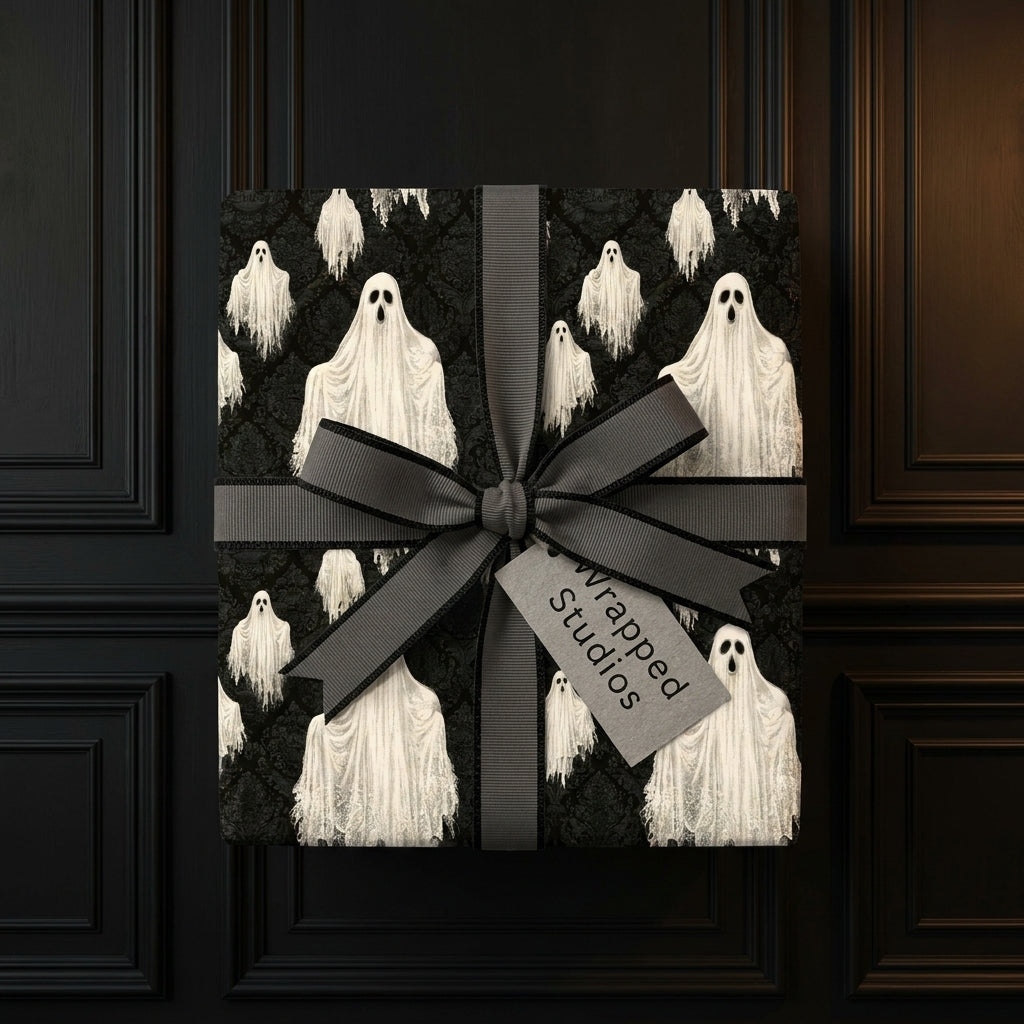 Spooky ghost Halloween wrapping paper with a grey bow, gothic luxury gift wrap by Wrapped Studios.