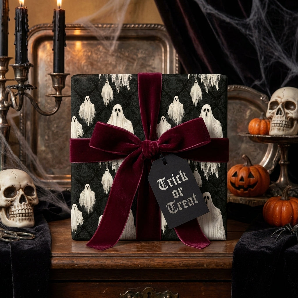 Gothic ghost Halloween wrapping paper with a luxury burgundy velvet bow by Wrapped Studios.