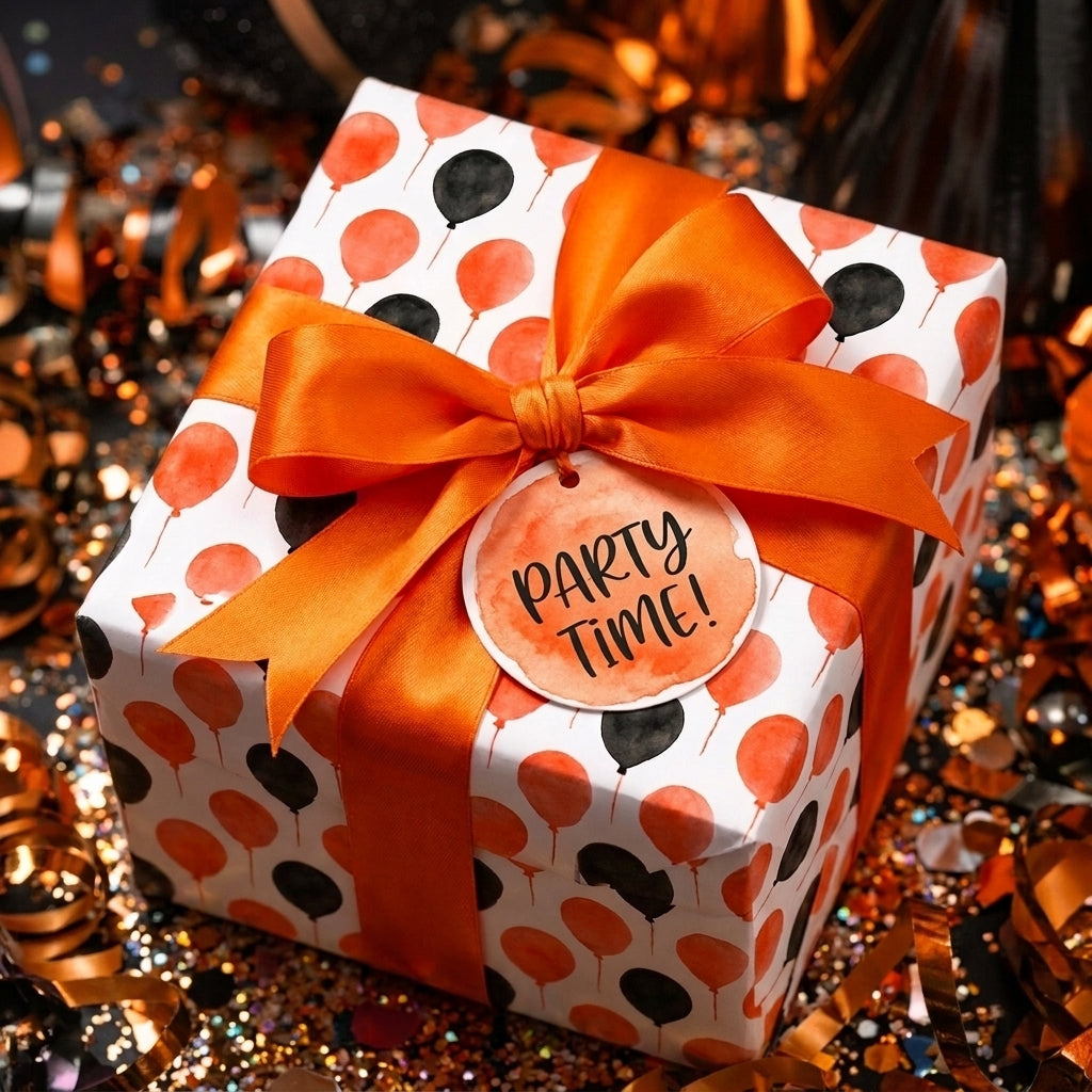 Orange and black balloon birthday wrapping paper with satin bow and Party Time tag by Wrapped Studios.