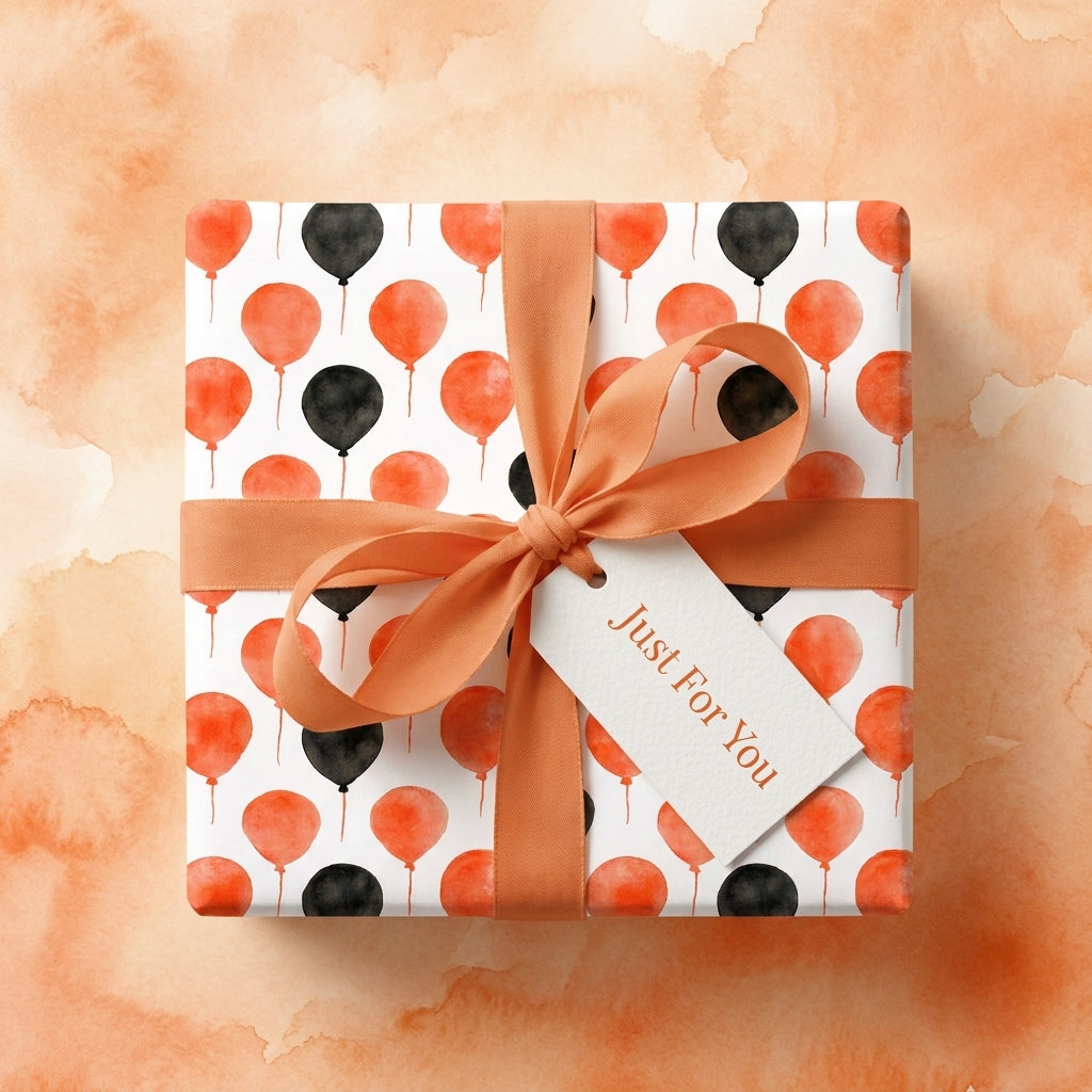 Orange and black watercolor balloon birthday wrapping paper with a matching bow and tag by Wrapped Studios.